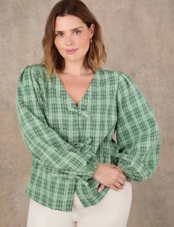 Cotton Rich Checked V-Neck Bow Detail Blouse