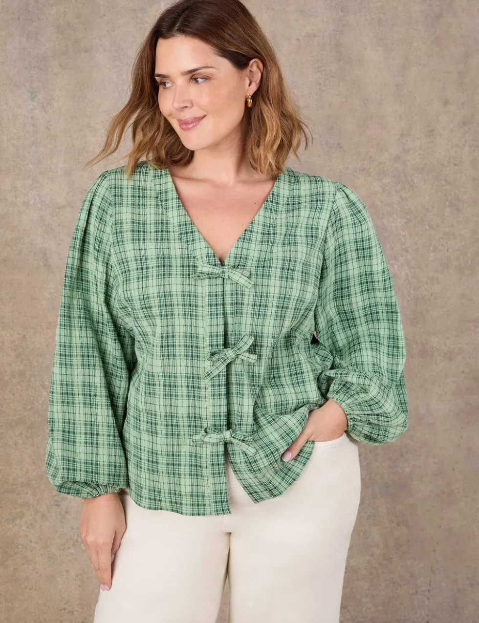 Cotton Rich Checked V-Neck Bow Detail Blouse