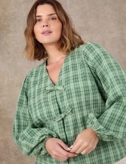 Cotton Rich Checked V-Neck Bow Detail Blouse
