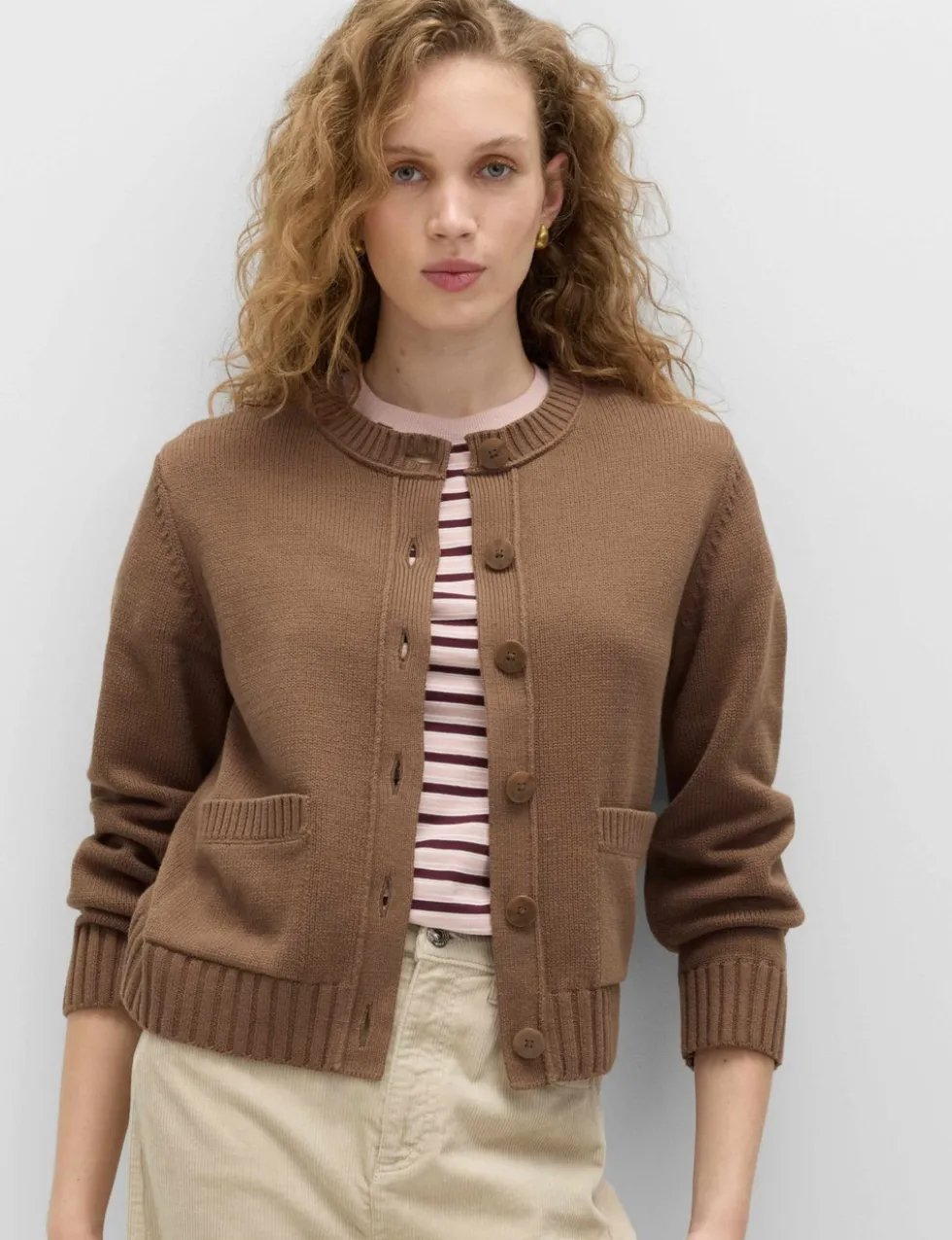 Cotton Rich Crew Neck Button Front Cardigan