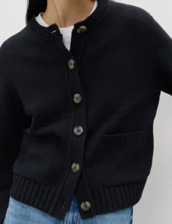 Cotton Rich Crew Neck Button Front Cardigan