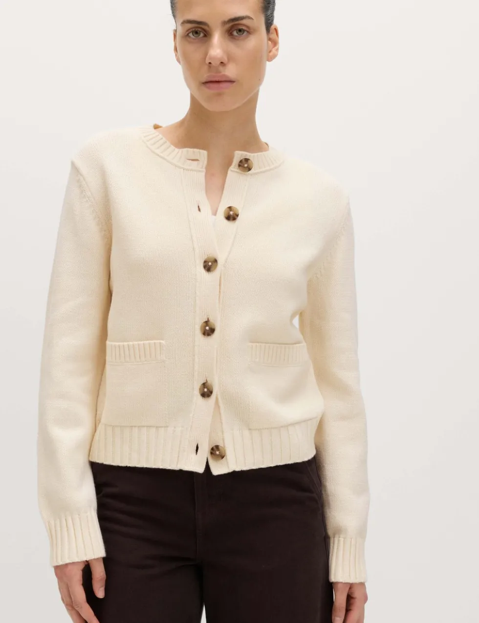 Cotton Rich Crew Neck Button Front Cardigan