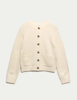 Cotton Rich Crew Neck Button Front Cardigan