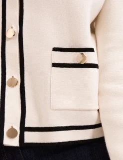 Cotton Rich Crew Neck Tipped Detail Cardigan