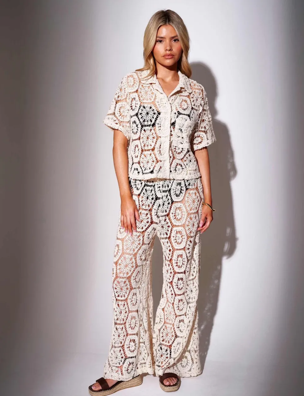 Cotton Rich Crochet Style Wide Leg Trousers