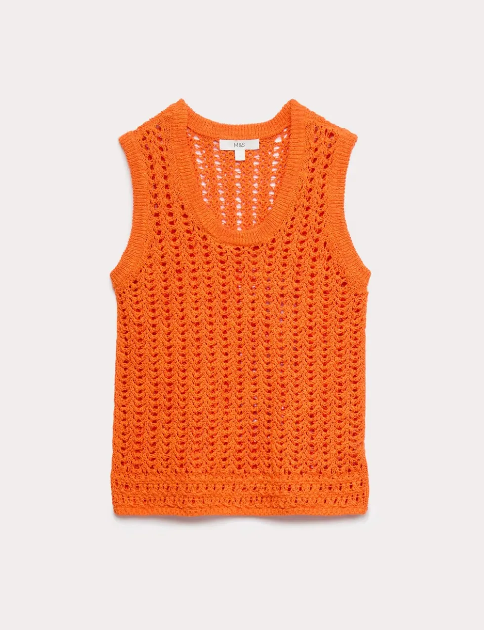 Cotton Rich Crochet-Style Scoop Neck Knitted Vest