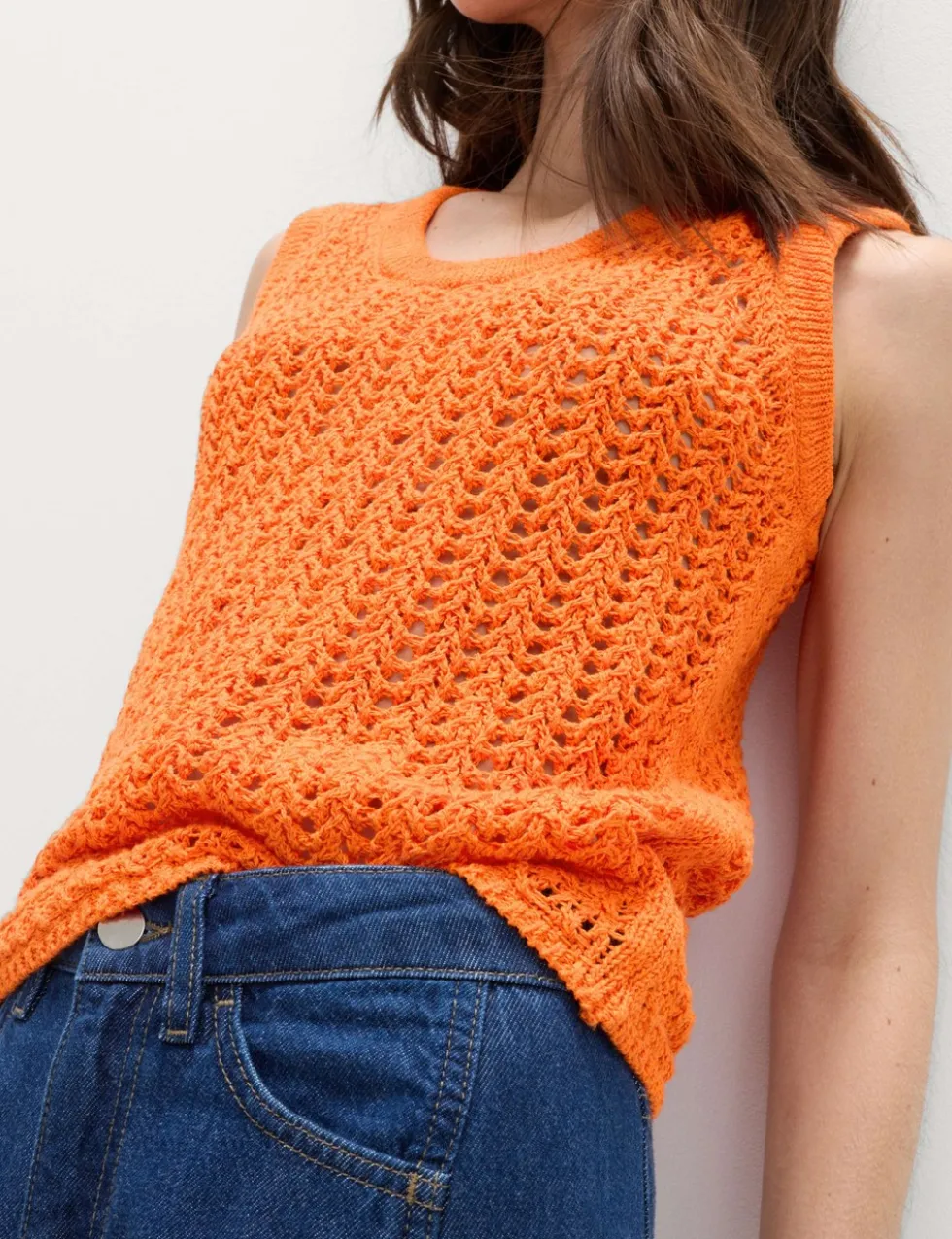 Cotton Rich Crochet-Style Scoop Neck Knitted Vest