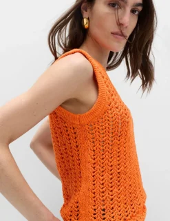 Cotton Rich Crochet-Style Scoop Neck Knitted Vest