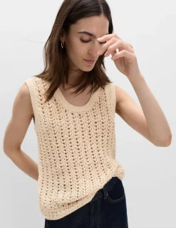Cotton Rich Crochet-Style Scoop Neck Knitted Vest