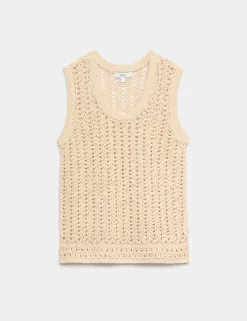 Cotton Rich Crochet-Style Scoop Neck Knitted Vest