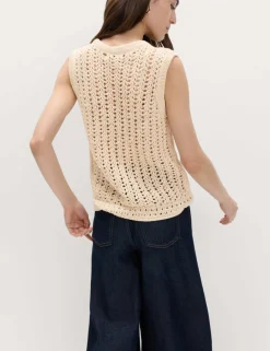 Cotton Rich Crochet-Style Scoop Neck Knitted Vest
