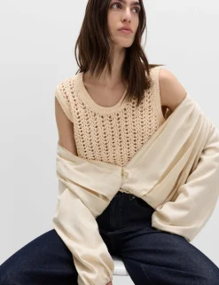 Cotton Rich Crochet-Style Scoop Neck Knitted Vest