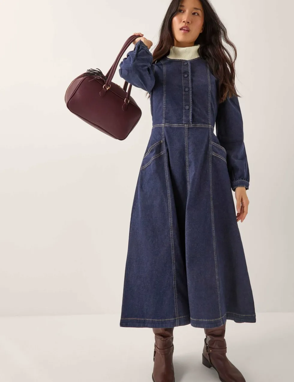 Cotton Rich Denim Midi Waisted Dress