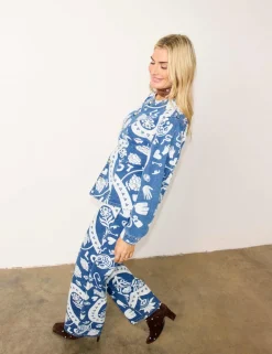 Cotton Rich Denim Printed Collarless Jacket