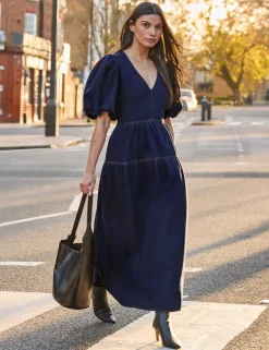 Cotton Rich Denim Puff Sleeve Maxi Dress