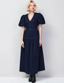 Cotton Rich Denim Puff Sleeve Maxi Dress