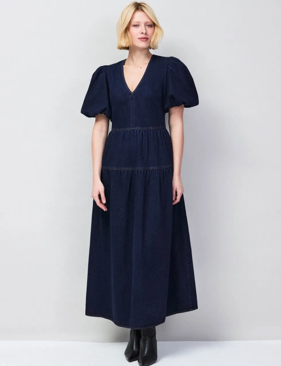 Cotton Rich Denim Puff Sleeve Maxi Dress