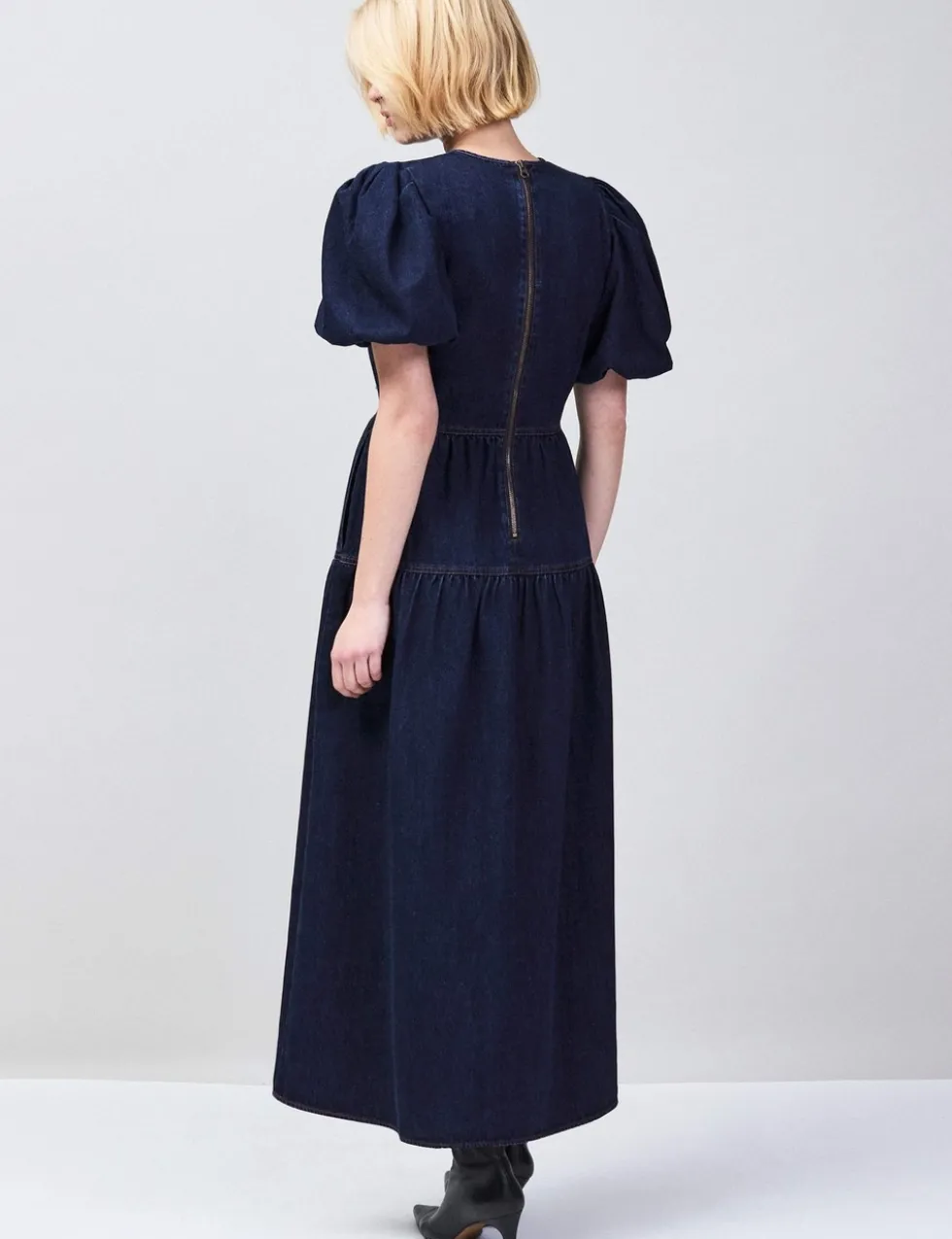Cotton Rich Denim Puff Sleeve Maxi Dress