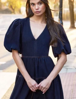 Cotton Rich Denim Puff Sleeve Maxi Dress