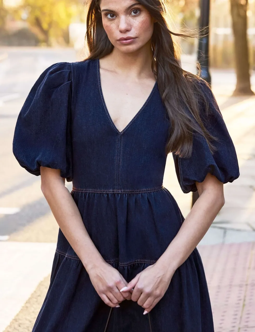Cotton Rich Denim Puff Sleeve Maxi Dress