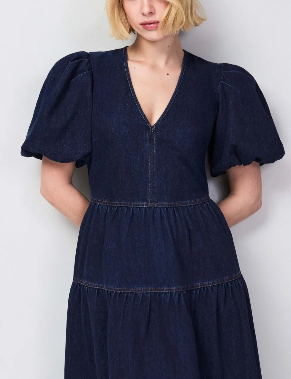 Cotton Rich Denim Puff Sleeve Maxi Dress