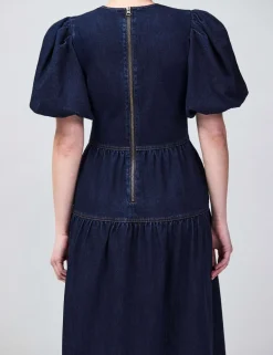 Cotton Rich Denim Puff Sleeve Maxi Dress