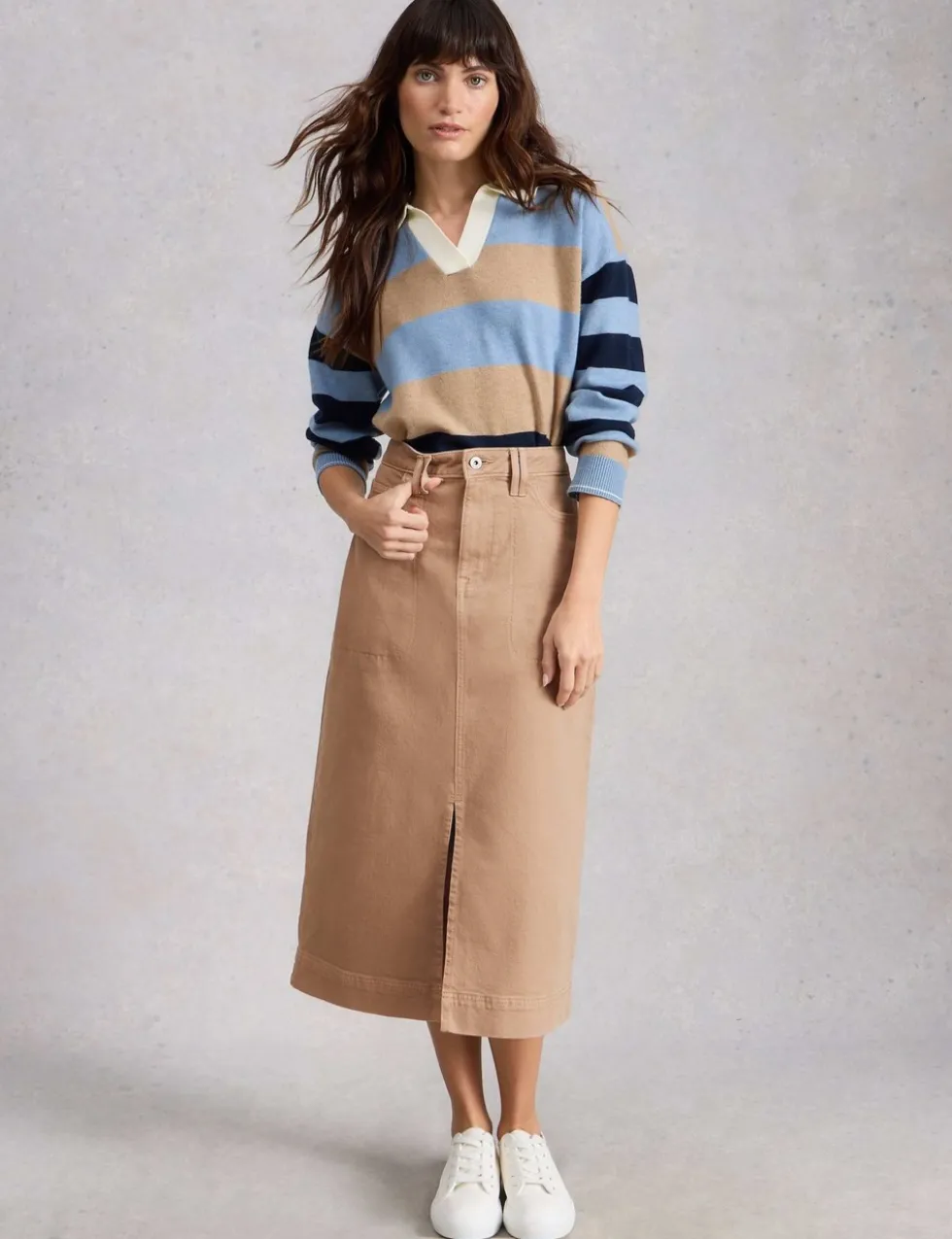 Cotton Rich Denim Split Front Midi Skirt