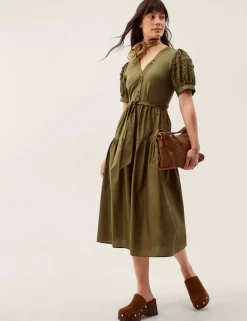 Cotton Rich Embroidered Midi Tiered Dress