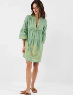 Cotton Rich Embroidered Notch Neck Dress