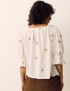 Cotton Rich Embroidered Square Neck Lace Detail Blouse