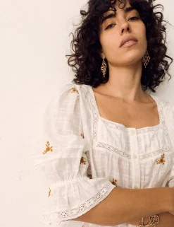 Cotton Rich Embroidered Square Neck Lace Detail Blouse