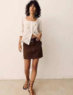 Cotton Rich Embroidered Square Neck Lace Detail Blouse