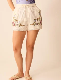 Cotton Rich Embroidered Shorts with Linen