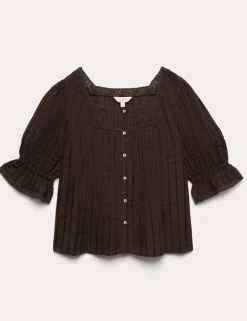 Cotton Rich Embroidered Square Neck Lace Detail Blouse