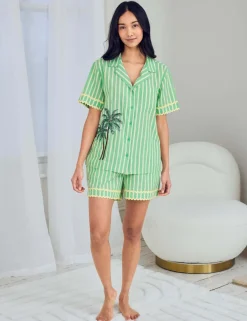 Cotton Rich Embroidered Tropical Palm Stripe Short Pyjama Set