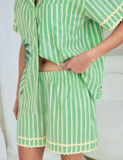 Cotton Rich Embroidered Tropical Palm Stripe Short Pyjama Set