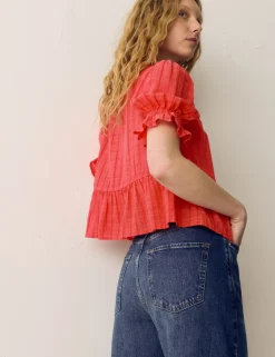 Cotton Rich Embroidered Yoke Tie Neck Blouse