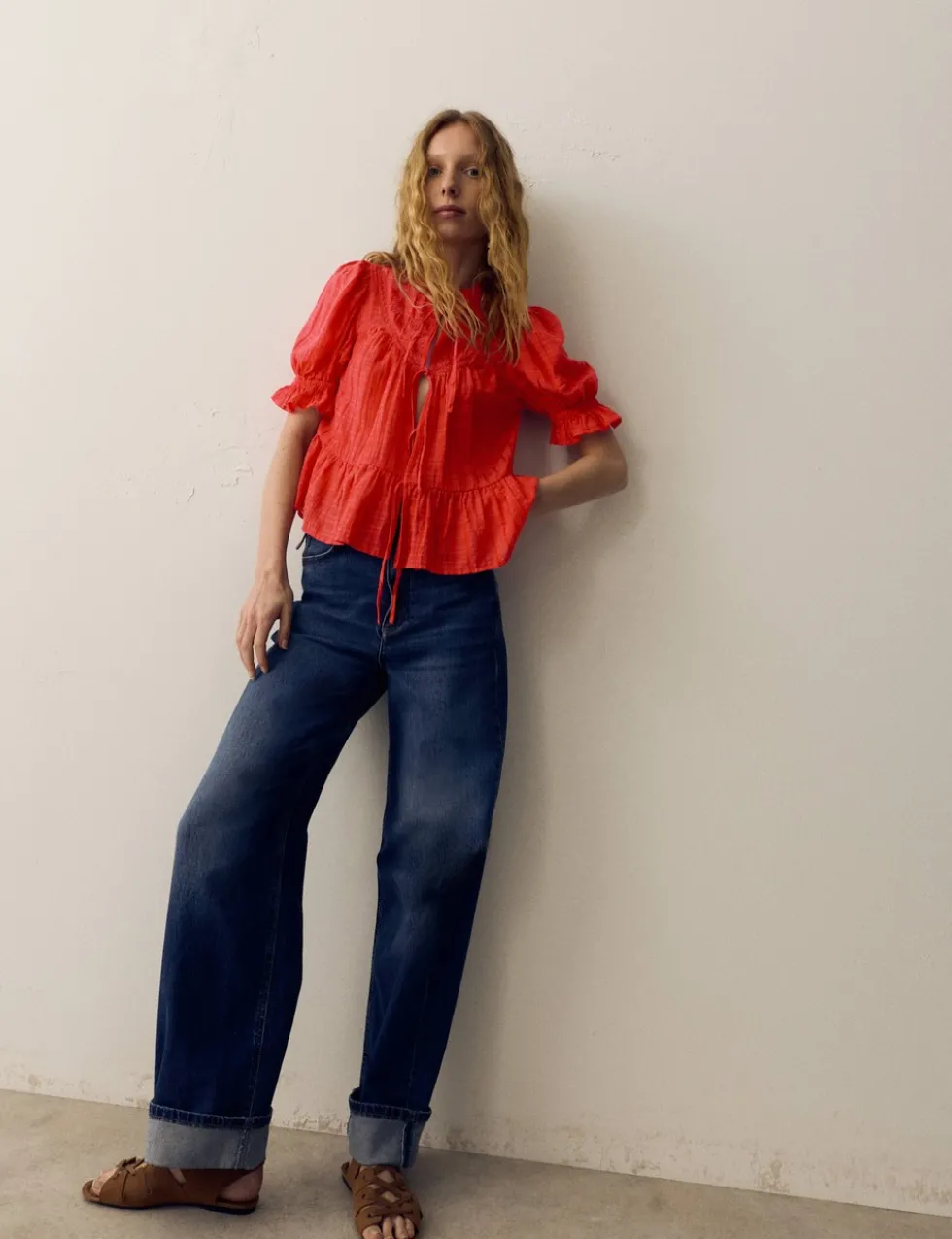 Cotton Rich Embroidered Yoke Tie Neck Blouse