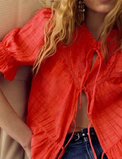 Cotton Rich Embroidered Yoke Tie Neck Blouse