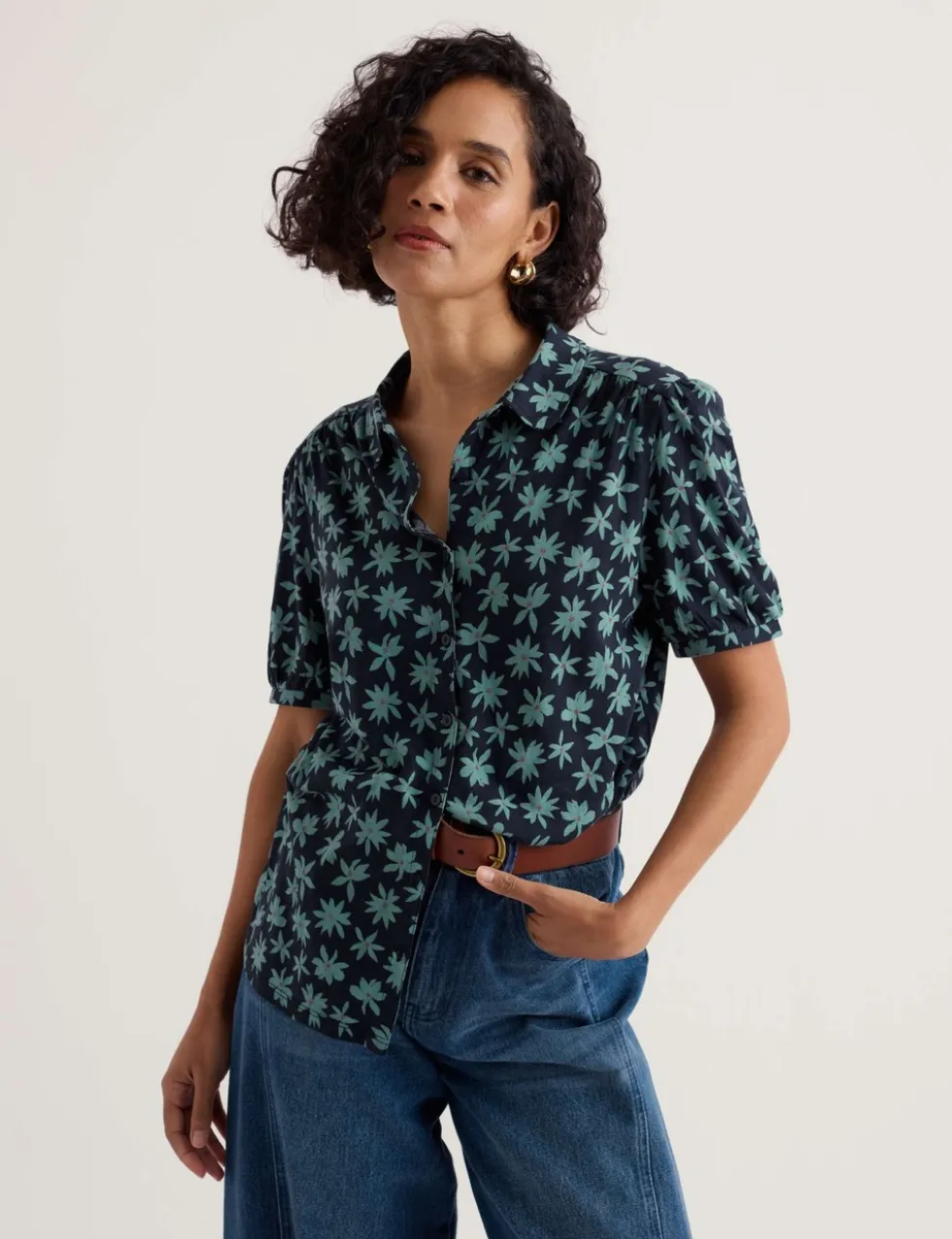 Cotton Rich Floral Collared Shirt