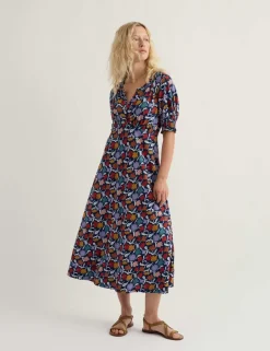 Cotton Rich Floral Notch Neck Midi Tea Dress