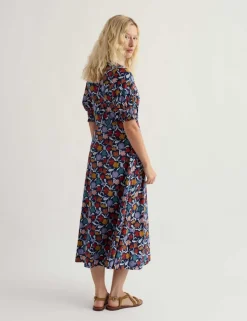 Cotton Rich Floral Notch Neck Midi Tea Dress