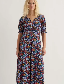 Cotton Rich Floral Notch Neck Midi Tea Dress