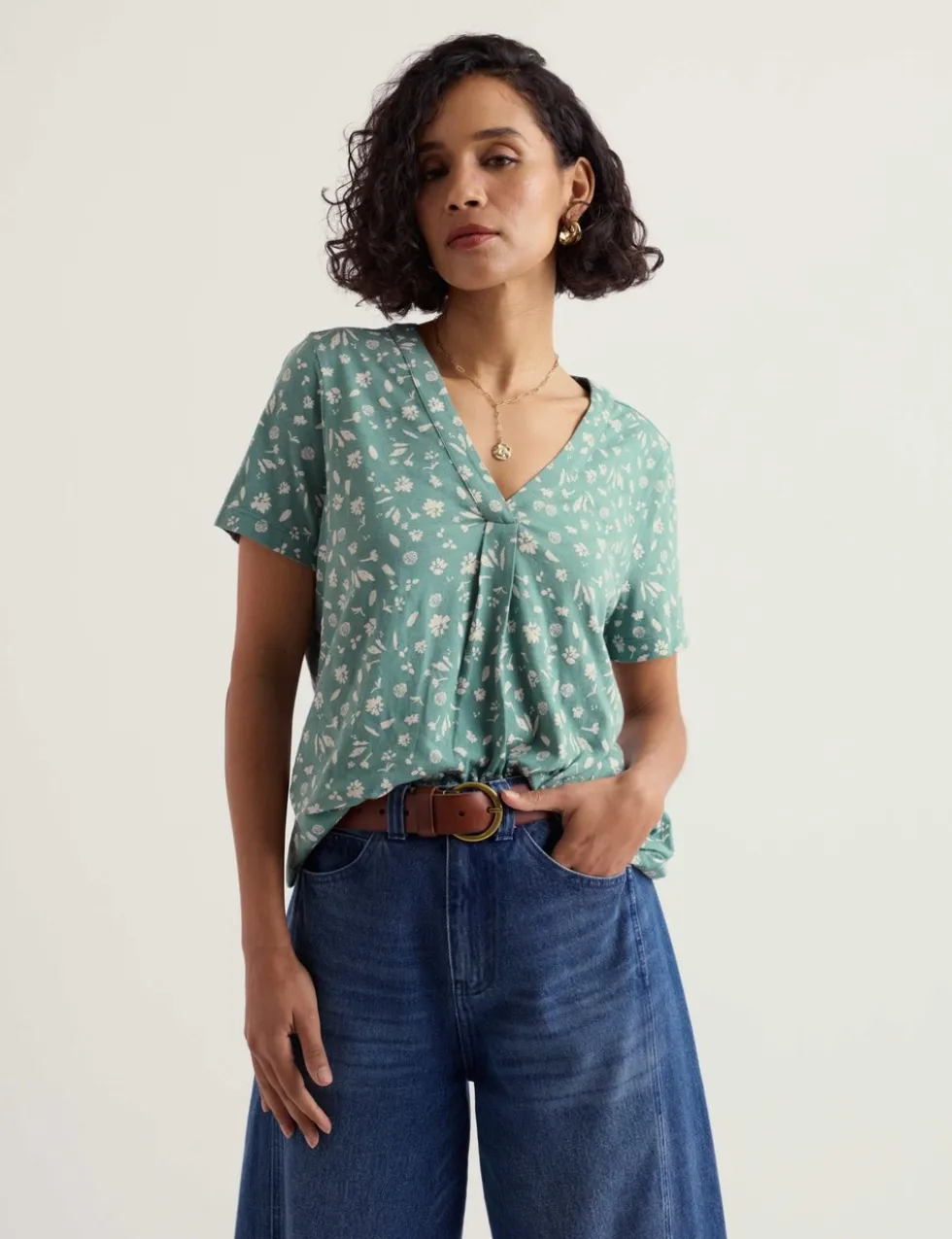 Cotton Rich Floral Pleat Detail Top