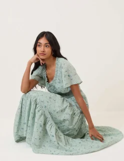 Cotton Rich Floral Scoop Neck Midi Smock Dress