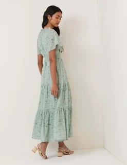 Cotton Rich Floral Scoop Neck Midi Smock Dress
