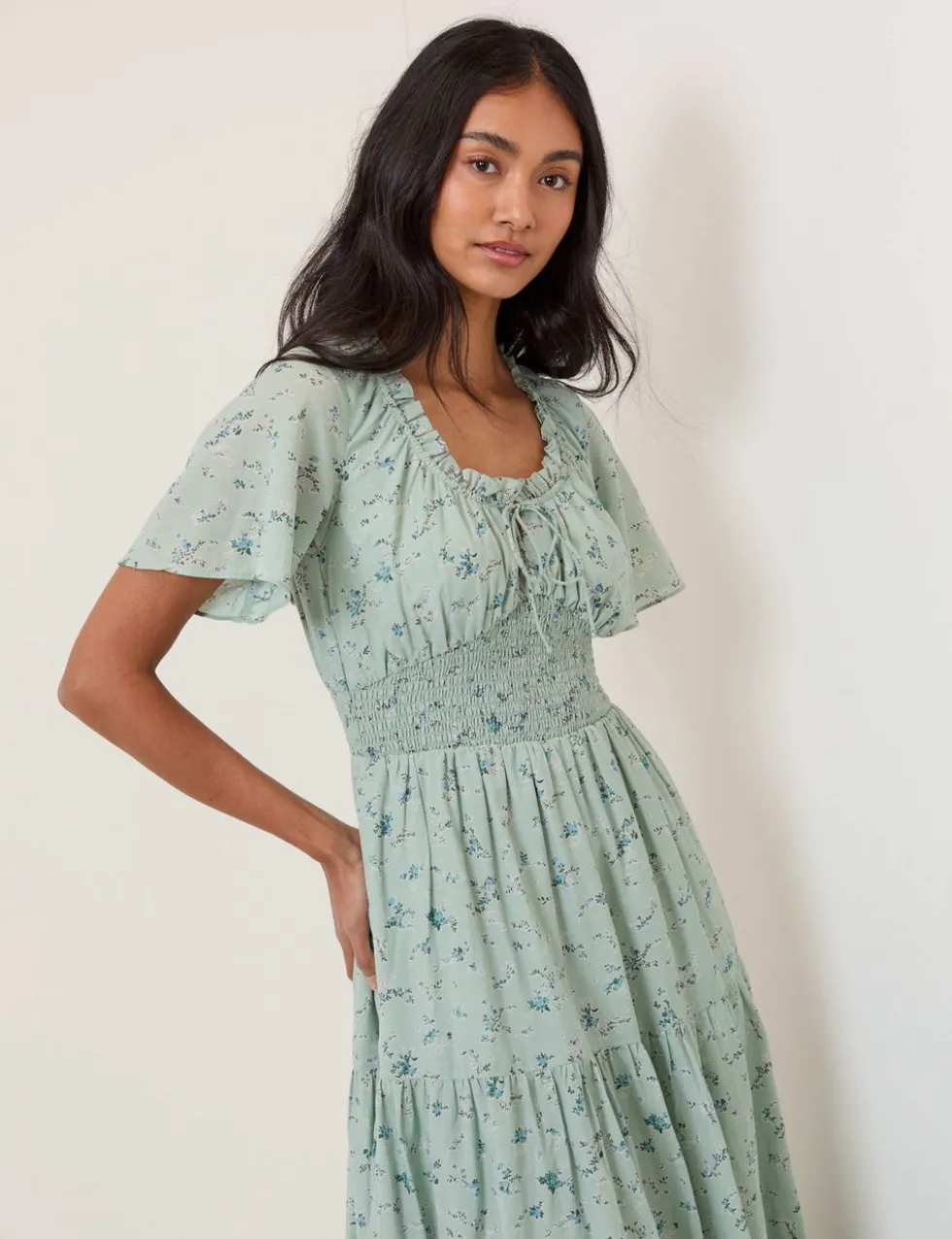 Cotton Rich Floral Scoop Neck Midi Smock Dress