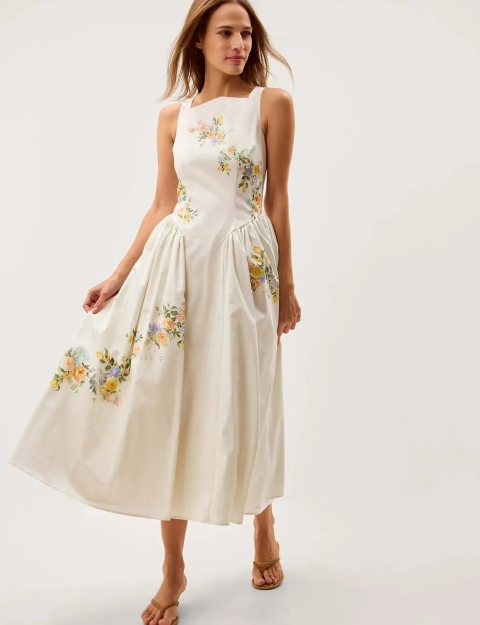 Cotton Rich Floral Square Neck Midi Dress