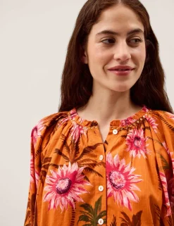 Cotton Rich Floral Tie Detail Blouse
