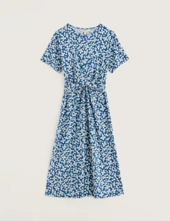 Cotton Rich Floral Twist Front Midi Tea Dress